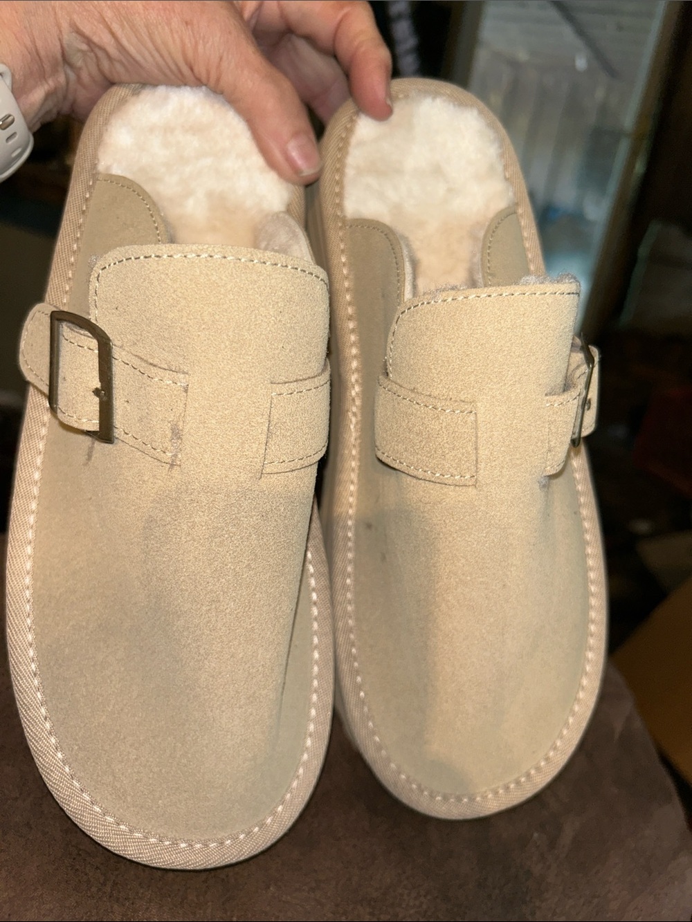 Cozy Beige Suede-Look Shearling Lined Slip-On Mules
